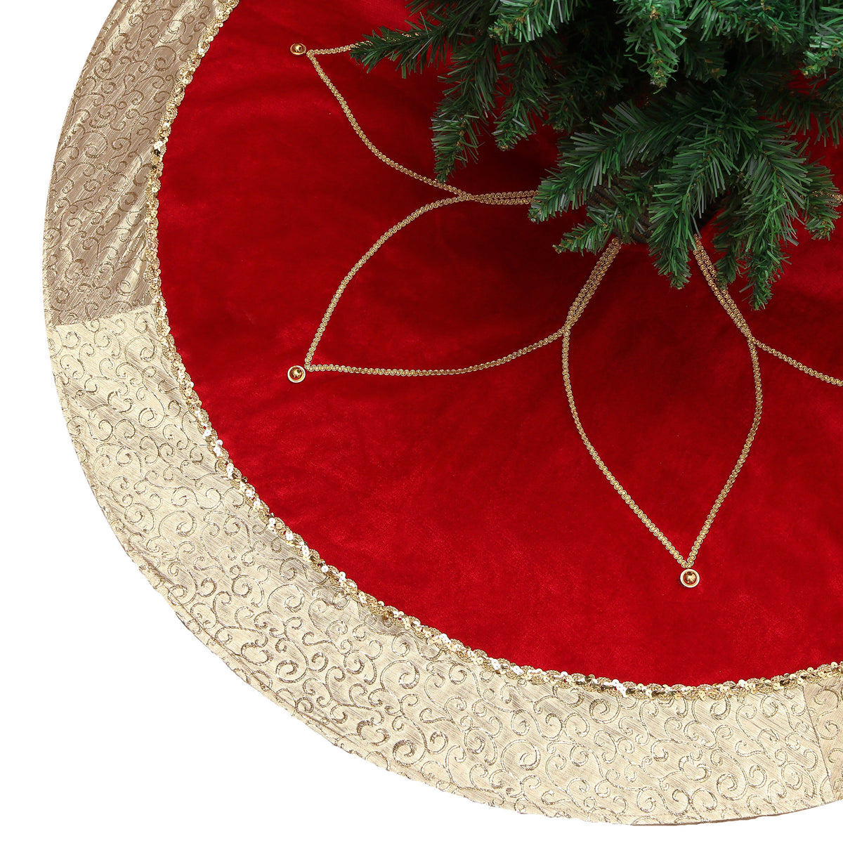 Valery Madelyn 36 Inch Red Gold Christmas Tree Skirt for Tree Decorations Small Xmas Velvet Tree Skirt with Embroidery Flower & Golden Baroque Border for 4-7ft Tree Merry Christmas Party Decor