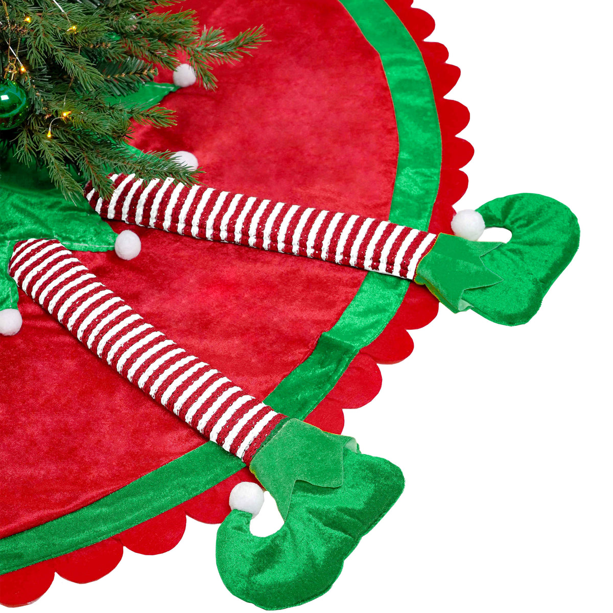 Valery Madelyn 48" Red Green Elf Christmas Tree Skirt for Tree Decorations Medium Xmas Velvet Tree Skirt with 3D Elf Legs and Ripple Trim for 6-7.5ft Tree Merry Christmas Party Decor