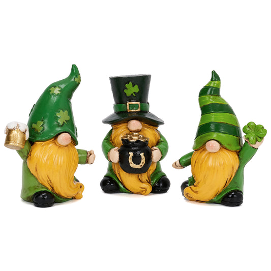 Valery Madelyn St Patricks Day Gnome Figurines,Set of 3 Irish Leprechaun Decor with Shamrocks, Pot of Gold, and Beer Mug, Mini Green White Resin St Patricks Gnome Gifts for Table Tiered Tray Decor