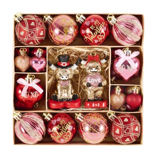 Valery Madelyn 30Pcs Valentines Highland Cow Ornaments Gift Pack, Craft Painted Heart Shaped Christmas Tree Decorations, Pink Red Gold Christmas Baubles Hanging Party Wedding Anniversary Decor