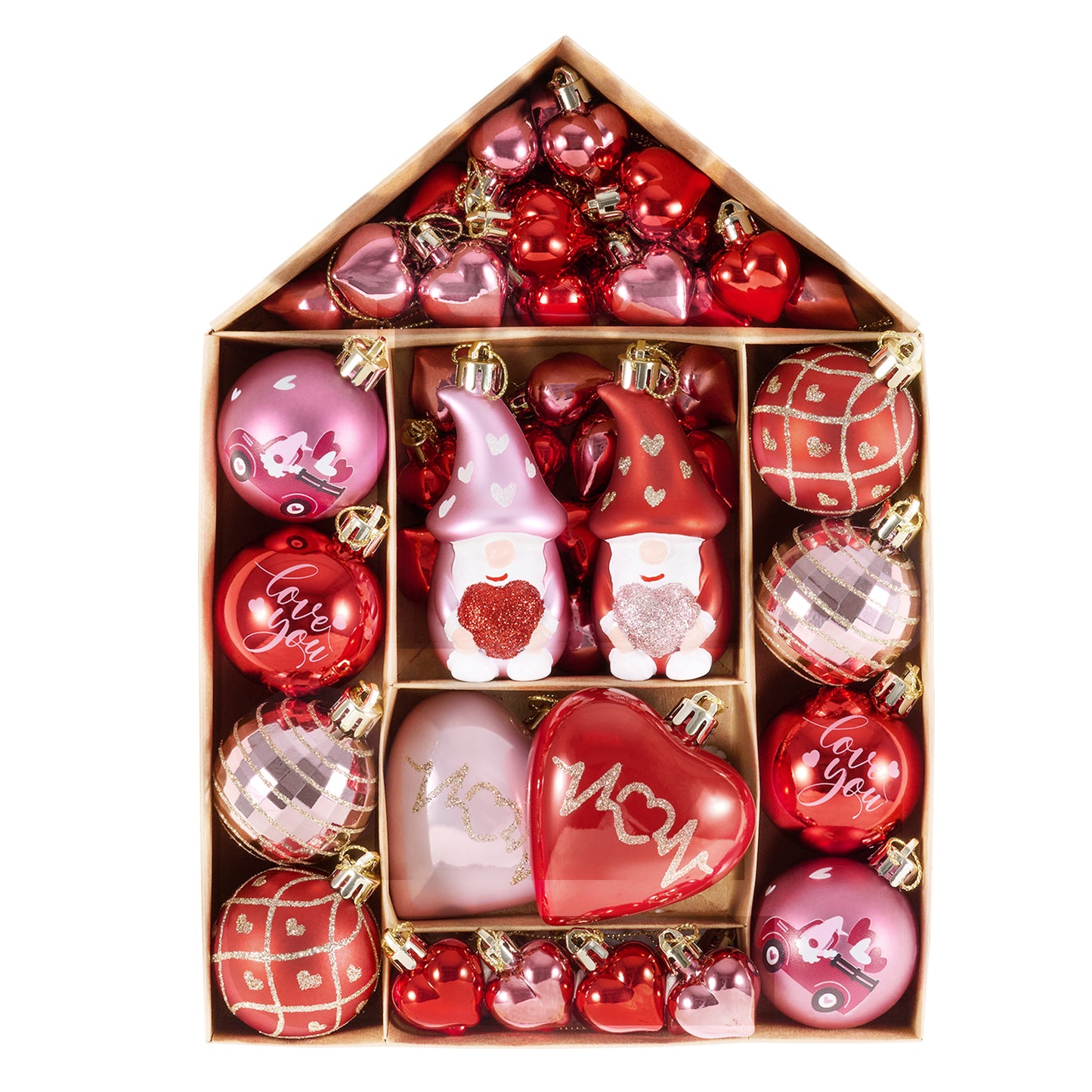 Valery Madelyn 50Pcs Valentines Heart Shaped Ornaments Gift Pack, Christmas Craft Painted Tree Heart Gnome Decorations, Pink Red Gold Christmas Baubles Hanging Party Wedding Anniversary Decor