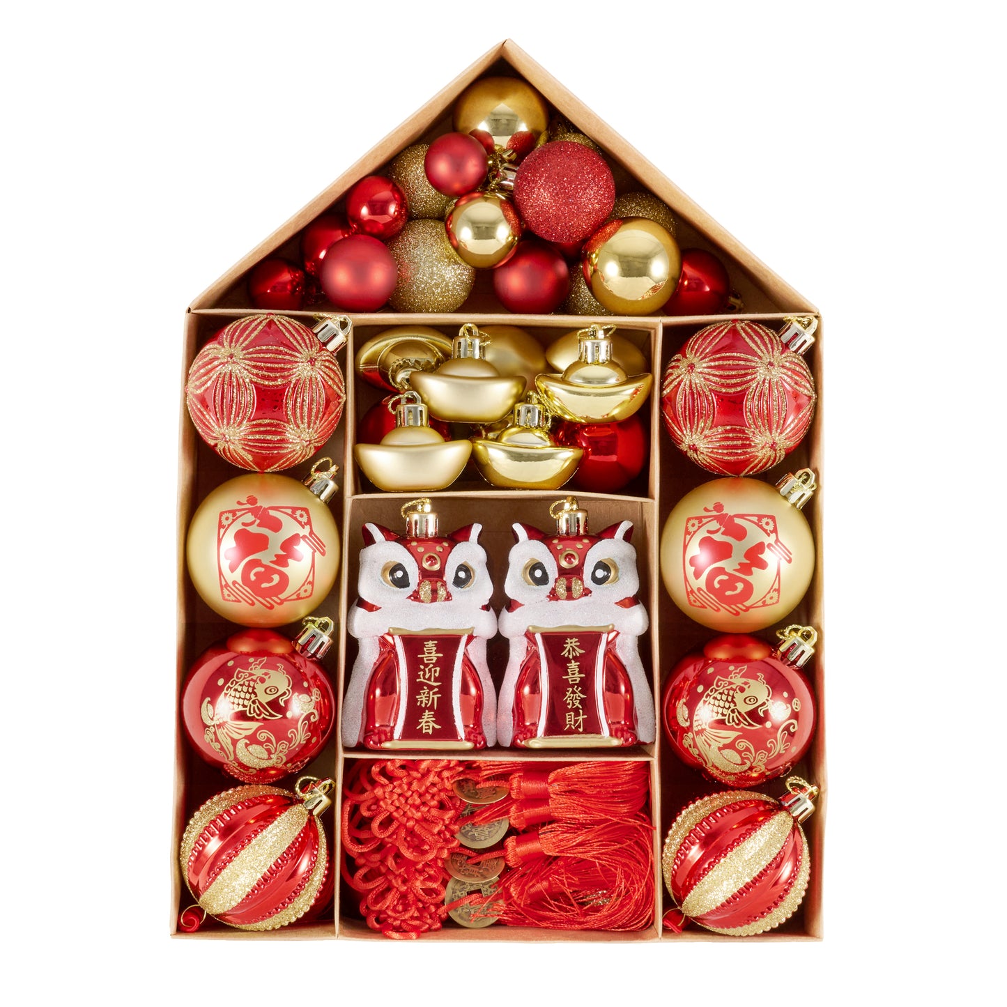 Valery Madelyn Chinese New Year Decorations Hanging Ornaments for Small Tree, 50ct Shatterproof Lion Dance Fu Character Gold Ingot Red Chinese Knots Copper Coin Lunar New Year Balls Bulk