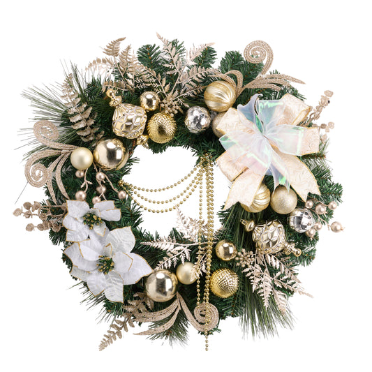 Valery Madelyn 24'' Pre-Lit Christmas Wreath for Front Door with Light, Large Lighted Outdoor Christmas Wreath with White Gold Xmas Balls Bead Sting for Home Home Porch Fireplace Window Holiday Decor