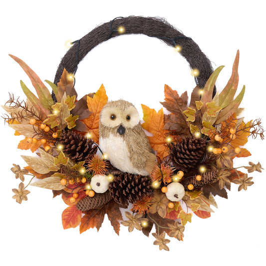 Valery Madelyn Collapsible Fall Wreaths for Front Door Outside, 24'' Fall Door Wreath with Light Cute Owl for Harvest Decor, Autumn Maple Leaves Decorations for Home Porch Halloween Thanksgiving Decor