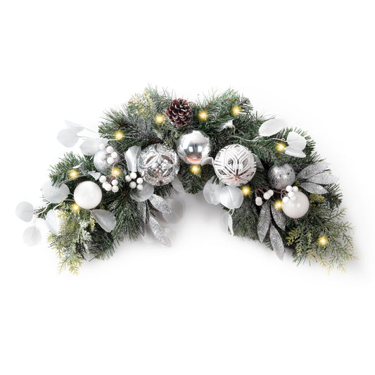 Valery Madelyn Pre-Lit Christmas Swag for Decorating Outdoor, 24 Inch Sliver White Mailbox Swag Decoration Teardrop with 20 LED Lights, Ball Ornaments for Front Door Stairway Window Shelf Xmas Decor