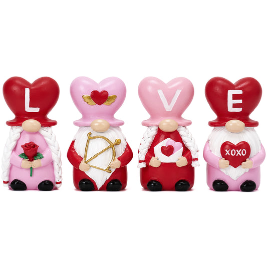 Valery Madelyn Valentines Day Decorations, 4 Pcs Medium Love Gnomes Tiered Tray Decor, Pink Christmas Ornaments Table Decor XOXO Valentines Resin Gnome Sweet Valentines Day Gifts for Him Her Wedding