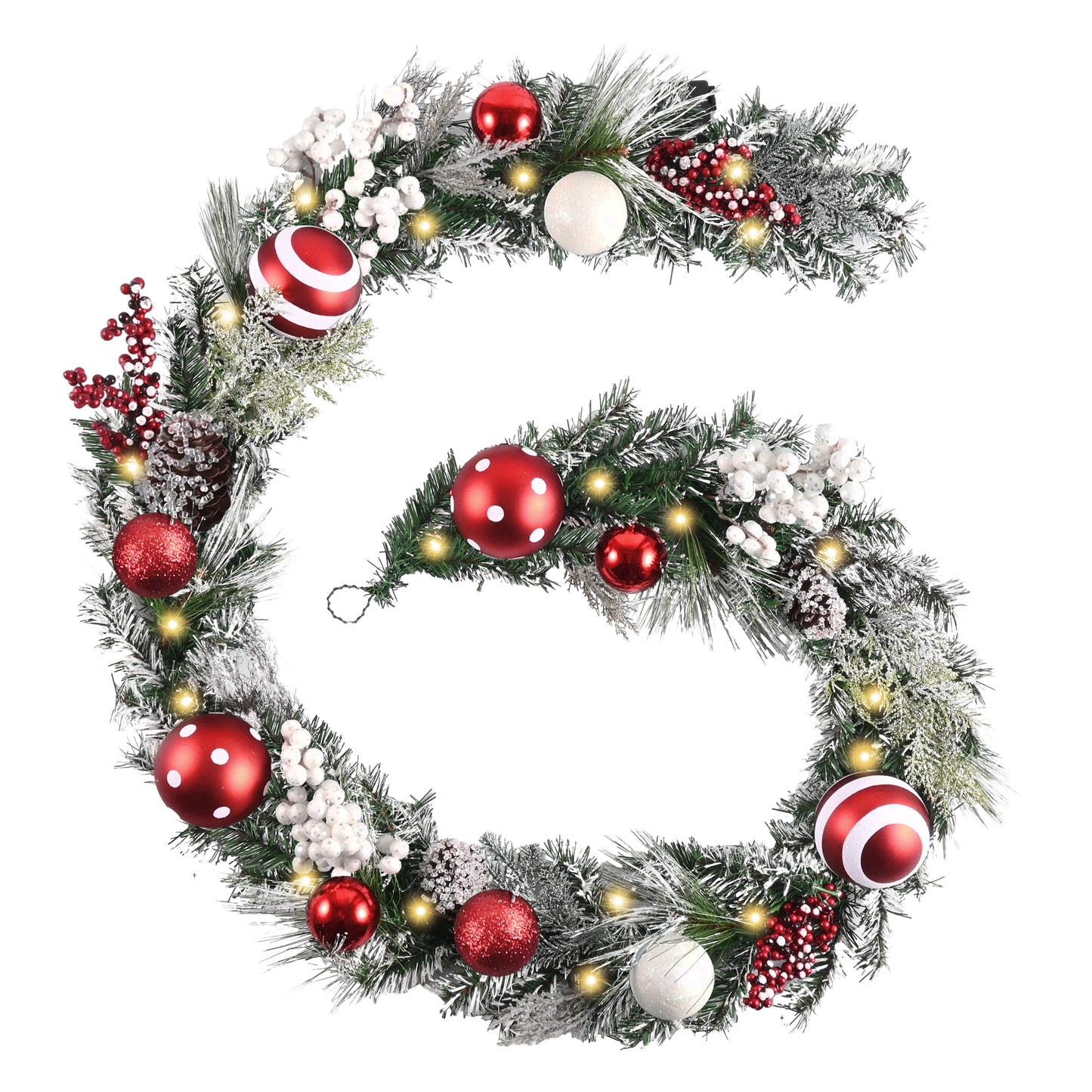 Valery Madelyn 9 Feet Pre-Lit Christmas Garland with Lights for Mantle, Lighted Outdoor Xmas Garland with Red White Balls for Home Stairs Fireplace Table Centerpiece Indoor Holiday Party Decor