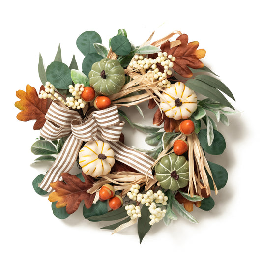 Valery Madelyn Fall Wreaths for Front Door Outside, 18'' Farmhouse Autumn Door Wreath with Lights White Pumpkins Bow, Outdoor Fall Decorations for Home Porch Thanksgiving Harvest Table Centerpiece-EG1301-0065