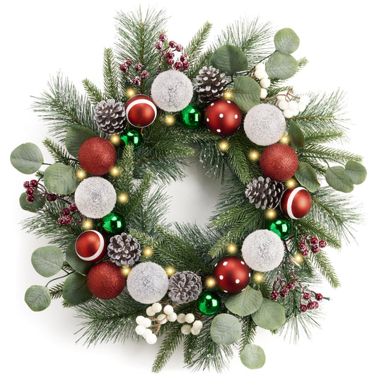 Valery Madelyn 20'' Pre-Lit Christmas Wreath for Front Door with Light, Lighted  Christmas Door Wreath with Red Green White Xmas Ball Norfolk Pine Branch for Home Porch Fireplace Window Holiday Decor