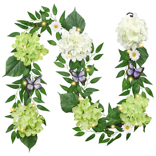 Valery Madelyn 6 feet Spring Flower Garland for Mantle, Green and White Summer Hydrangea Garland with Butterfly for Home Wedding Anniversary Table Centerpiece Indoor Outdoor Decoration