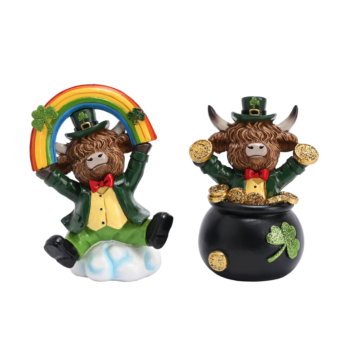 Valery Madelyn St Patricks Day Decorations for Home, 2Pcs Highland Cow Decor With Shamrock Pot of Gold, Irish Resin Leprechaun Figurines St Patricks Day Tiered Tray Decoration Table Centerpiece, 4.5"