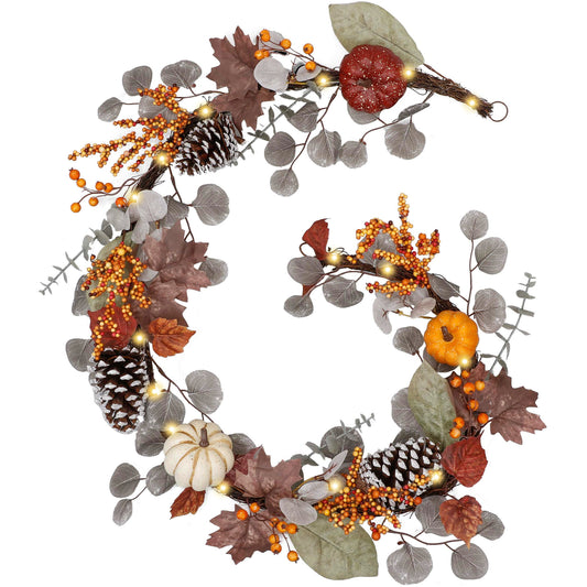 Valery Madelyn Fall Maple Leaves Garlands for Mantle, 6ft Autumn Garlands with Pumpkins Lights for Table Centerpiece, Fall Harvest Decorations for Home Mantle Fireplace Outdoor Halloween Decor-Brown
