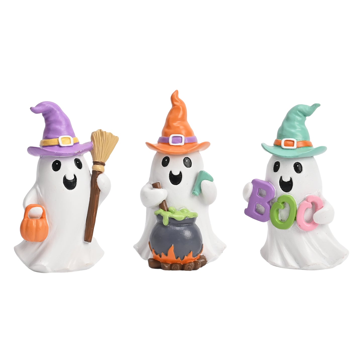 Valery Madelyn Ghosts Halloween Decor Indoor for Home, 3Pcs Resin Halloween Witch Ghost Decorations, Spooky Decor with Witch Hat Broom BOO Poison Elf Dwarf for Table Tiered Tray Kitchen Bathroom, 4"