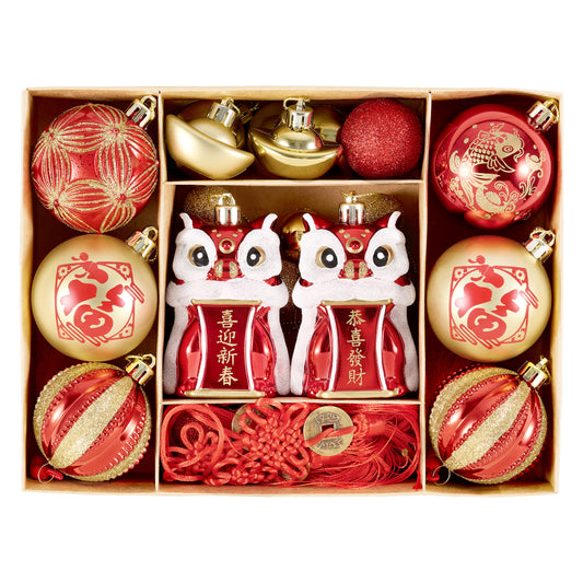 Valery Madelyn Chinese New Year Decorations Hanging Ornaments for Small Tree, 30ct Shatterproof Lion Dance Fu Character Gold Ingot Red Chinese Knots Copper Coin Lunar New Year Balls Bulk