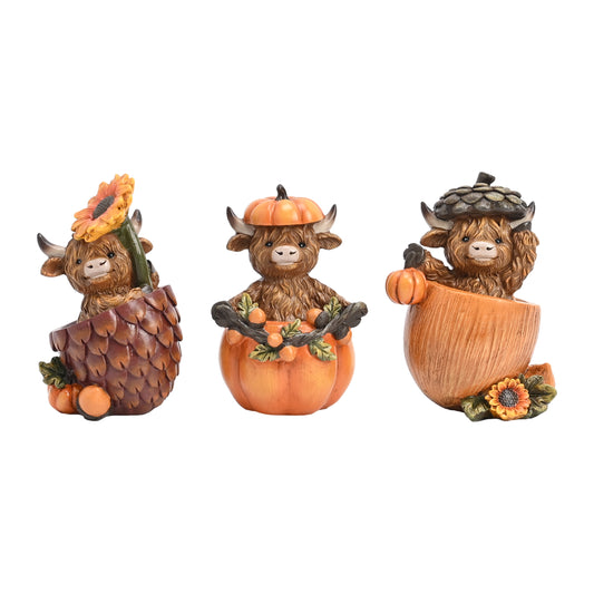 Valery Madelyn Fall Decorations for Home, 3 Pcs Fall Highland Cow Nuts Decor for Table Indoor, Resin Thanksgiving Yak Decor Sunflower Pumpkin Figurines for Autumn Harvest Porch Tiered Tray, 4.4"