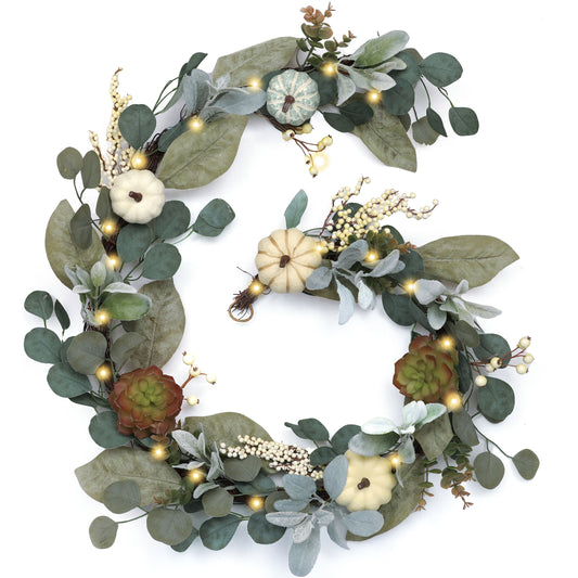 Valery Madelyn Fall Eucalyptus Leaves Garland for Mantle, 6ft Pumpkin Garland with Light Succulent for Thanksgiving Table Centerpiece, Outdoor Fall Decorations for Home Mantle Fireplace Autumn Decor