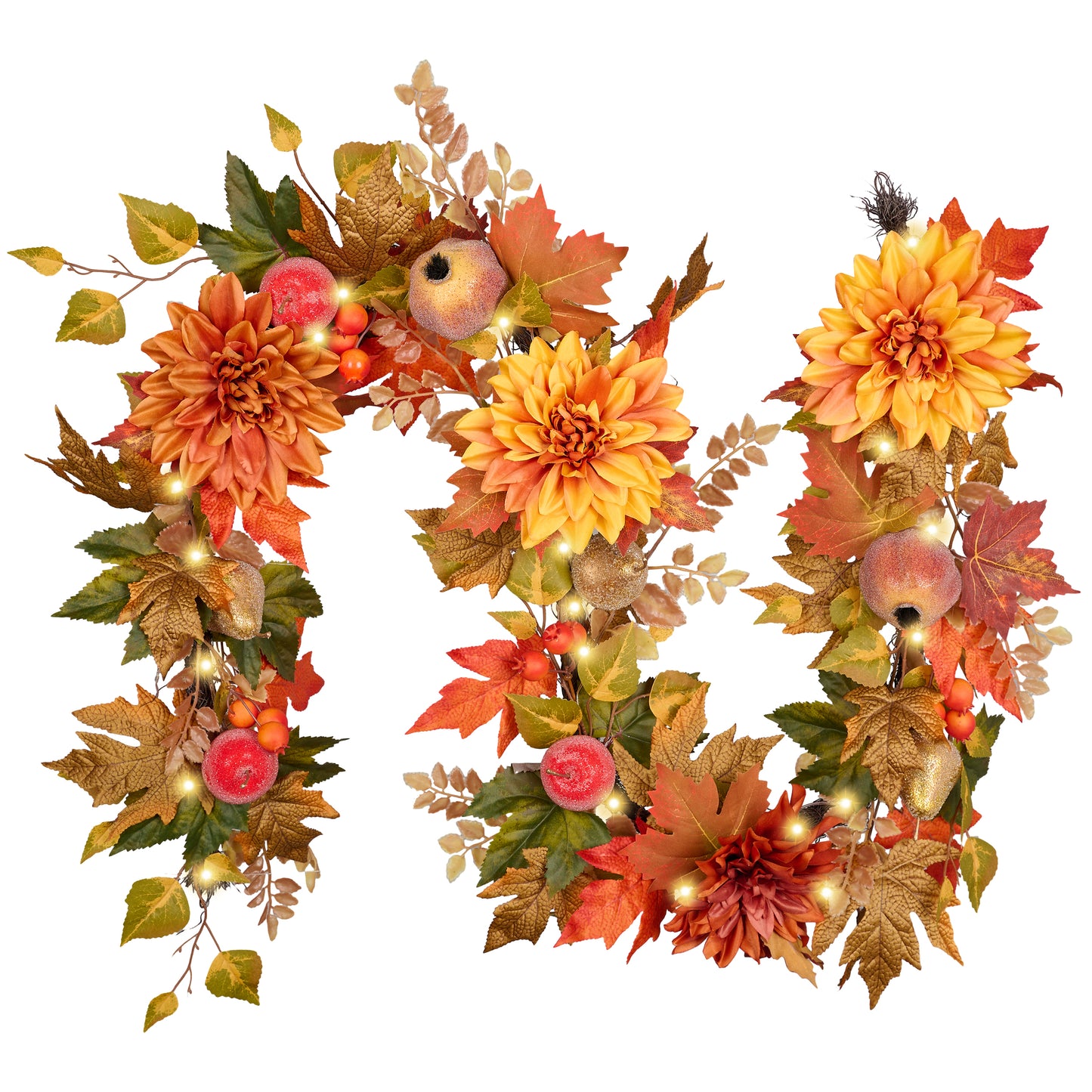Valery Madelyn 6 Feet Artificial Pomegranate Fruits Garlands for Mantle,Fake Silk Dahlia Rose Autumn Garland with LED Lights for Fall Decor,Harvest Decorations for Home Fireplace Thanksgiving Decor