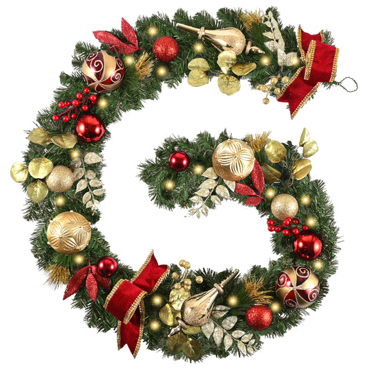 Valery Madelyn 9 Feet Pre-Lit Christmas Garland with Lights for Mantle, Lighted Outdoor Xmas Garland with Red Gold Ball Ribbons for Home Stairs Fireplace Table Centerpiece Indoor Holiday Party Decor