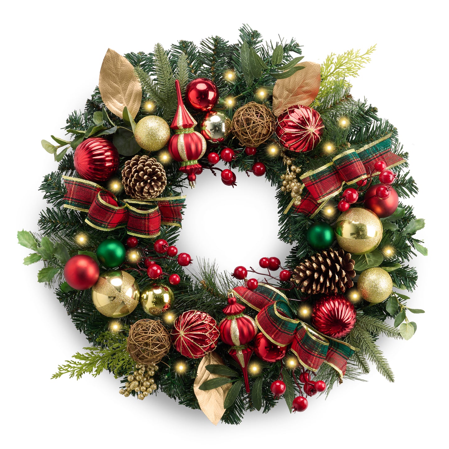 Valery Madelyn 24'' Pre-Lit Christmas Wreath for Front Door with Light, Large Lighted Outdoor Christmas Wreath with Red Green Gold Xmas Ball & Ribbon for Home Porch Fireplace Window Holiday Wall Decor