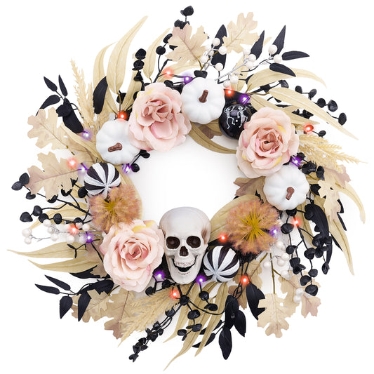 Valery Madelyn 18 Inch Halloweenhttps://admin.shopify.com/store/10b2f1-2/products Wreath for Front Door with Lights, Pre-Lit Fall White Pumpkin Skull Wreath Pink Roses Halloween Decorations for Home Porch Table Centerpiece Party Holiday Autumn Decor