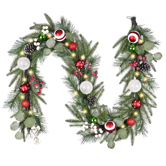 Valery Madelyn 6 Ft Pre-Lit Christmas Garland with Lights for Mantle, Lighted Outdoor Xmas Garland with Red Green White Balls Norfolk Pine for Stairs Fireplace Table Centerpiece Indoor Holiday Decor