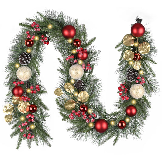 Valery Madelyn 6 Ft Pre-Lit Christmas Garland with Lights for Mantle, Lighted Outdoor Xmas Garland with Red Gold Balls Norfolk Pine for Home Stairs Fireplace Table Centerpiece Indoor Holiday Decor