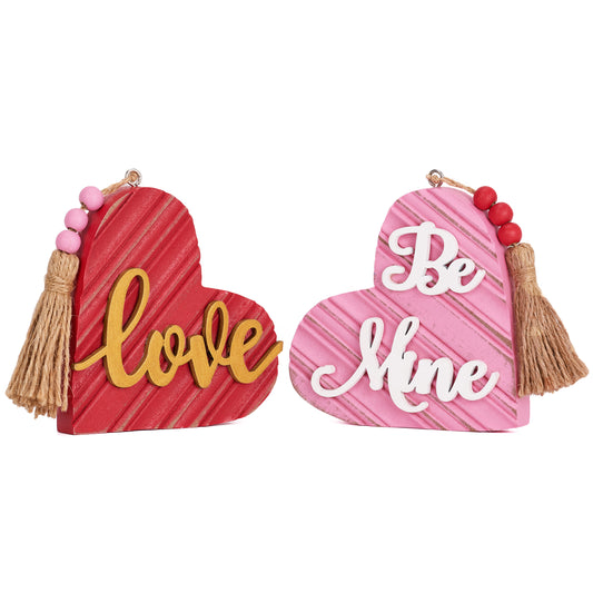 Valery Madelyn Valentines Day Decorations, 2Pcs Pink Heart Wooden Decor Table Centerpieces, 6.3 Inch Love Sign for Valentines Day Wedding Tiered Tray Home Kitchen Living Room Dining Room Shelf Gift