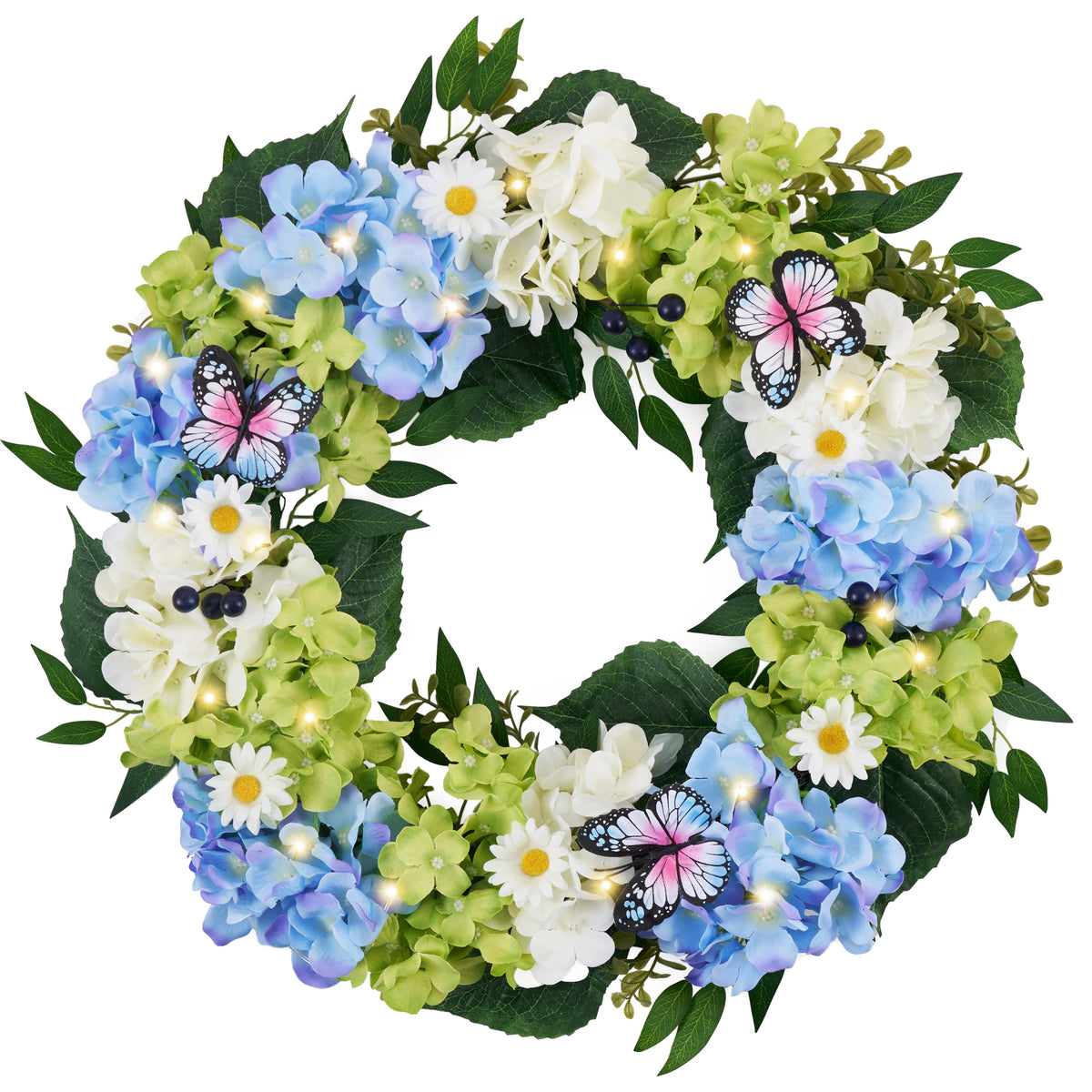 Valery Madelyn Collapsible Spring Summer Wreaths for Front Door with Light,Silk Blue Green White Hydrangeas Floral Wreath with Eucalyptus Leaves Butterfly for Home Porch Window Wedding Arch Decor-24''