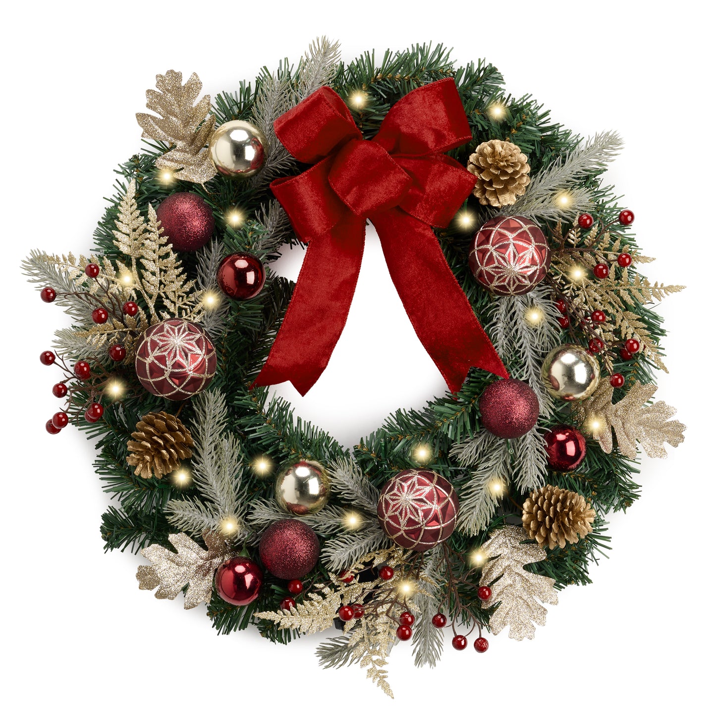 Valery Madelyn 24'' Pre-Lit Christmas Wreath for Front Door with Lights, Large Lighted Outdoor Christmas Wreath with Red Gold Balls Velvet Bow for Home Porch Fireplace Window Holiday Party Wall Decor