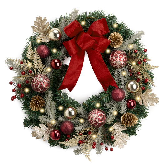 Valery Madelyn 24'' Pre-Lit Christmas Wreath for Front Door with Lights, Large Lighted Outdoor Christmas Wreath with Red Gold Balls Velvet Bow for Home Porch Fireplace Window Holiday Party Wall Decor