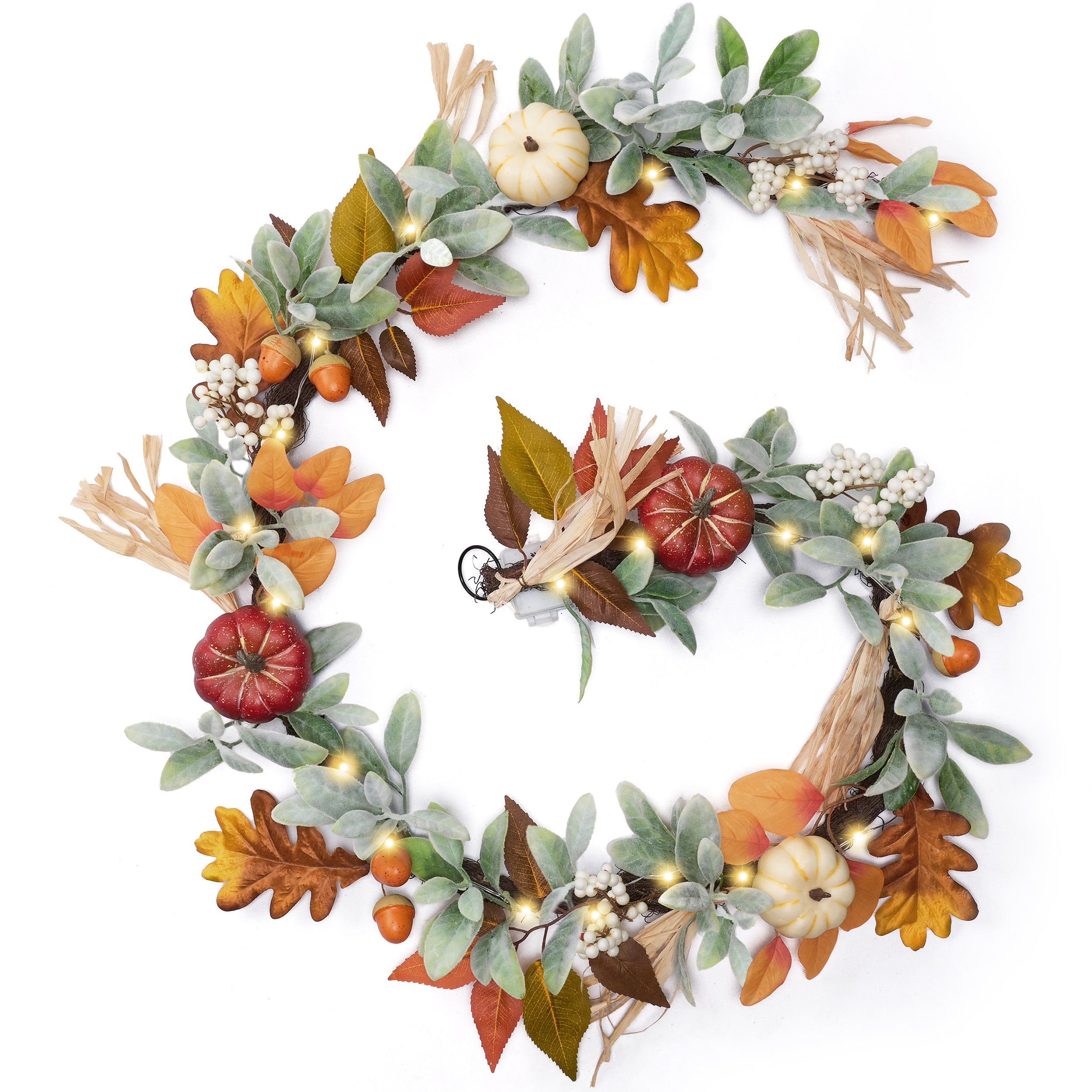Valery Madelyn Fall Garland for Mantle, 6ft Lambs Ear Leaves Garland with Lights Brown Pumpkins Thanksgiving Table Centerpiece, Fall Autumn Decorations for Home Porch Fireplace Outdoor Halloween Decor