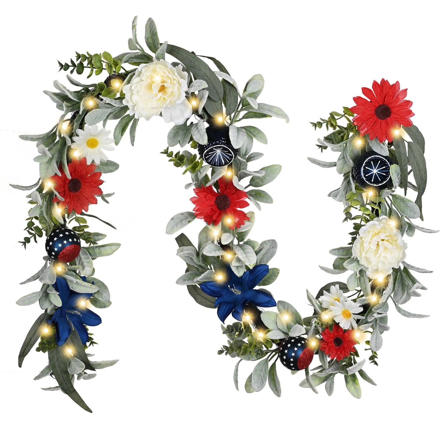 Valery Madelyn 6FT Patriotic Garland with Lights for Mantle, Red White Blue Garland with Ball Ornaments Butterfly for 4th of July Independence Day Decor