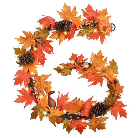 Valery Madelyn Fall Maple Leaves Garlands for Mantle, 6ft Autumn Garlands with Pumpkins Lights for Table Centerpiece, Fall Harvest Decorations for Home Mantle Fireplace Outdoor Halloween Decor-Orange-EG1303-0032