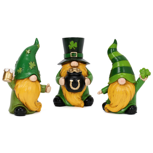 Valery Madelyn St Patricks Day Gnome Figurines,Set of 3 Irish Leprechaun Decor with Shamrocks, Pot of Gold, and Beer Mug, Medium Green White Resin St Patricks Gnome Gifts for Table Tiered Tray Decor