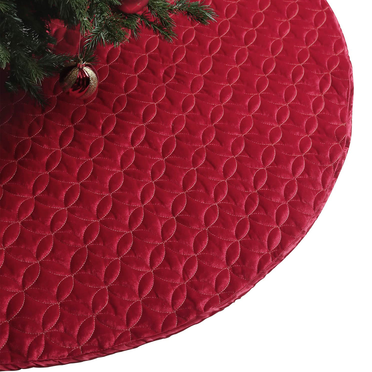 Valery Madelyn 48 Inch Red Christmas Tree Skirt for Tree Decorations Medium Xmas Velvet Tree Skirt with Embroidery Woven Patchwork & Tie Straps for 6-7.5ft Tree Merry Christmas Party Decor
