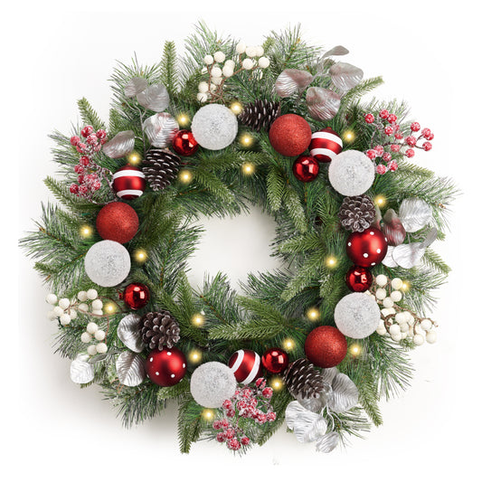 Valery Madelyn 24'' Pre-Lit Christmas Wreath for Front Door with Light, Large Lighted Outdoor Christmas Wreath with Red White Xmas Ball Norfolk Pine for Home Porch Fireplace Window Holiday Decor