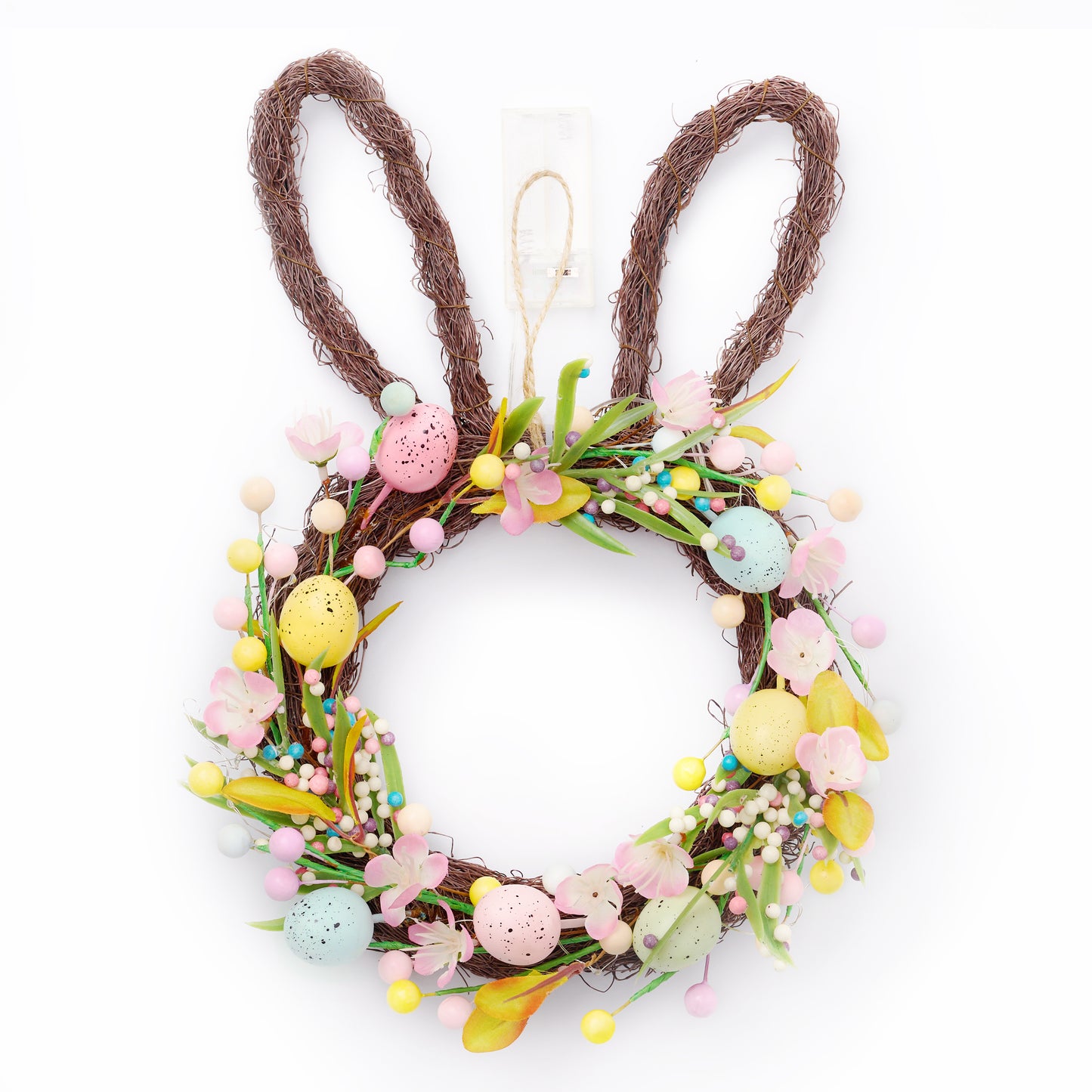 Valery Madelyn 16'' Easter Bunny Wreath for Front Door with Light, Pre-lit Spring Rabbit Wreath Decoration with Pastel Speckled Eggs & Berries, Artificial Farmhouse Wall Decor for Holiday Home Indoor