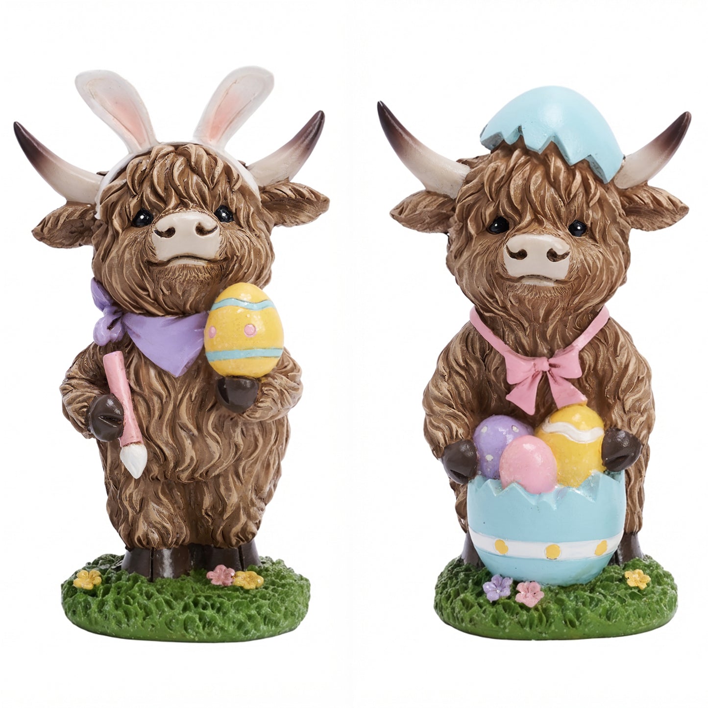 Valery Madelyn Easter Highland Cow Bunny Figurines Decor, Medium 2Pcs Resin Easter Statues with Eggs, for Home Tabletop Tiered Tray Decor, Spring Holiday Party Centerpieces