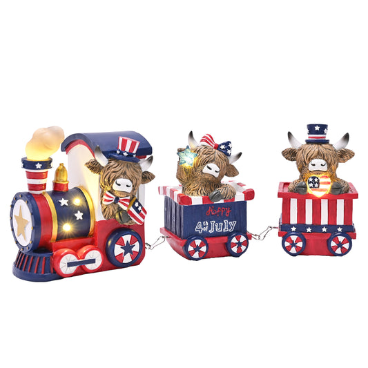 Valery Madelyn 4th of July Decorations Lighted LED Highland Cow Train Memorial Day Decoration, Train High Mountain Yak Figurines Red White and Blue Decorations, Patriotic Independence Day Home Decor