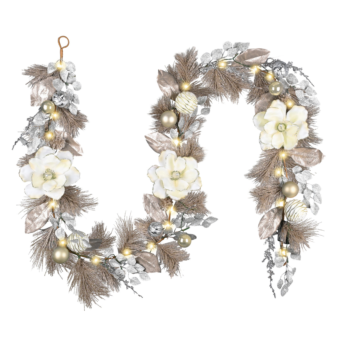 Valery Madelyn 9 Feet Pre-Lit Christmas Garland with Lights for Mantle, Lighted Outdoor Xmas Garland with White Gold Balls & Magnolia for Home Stairs Fireplace Table Centerpiece Indoor Holiday Decor
