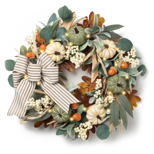 Valery Madelyn Fall Wreaths for Front Door Outside, 20'' Farmhouse Autumn Door Wreath with Lights White Pumpkins Bow, Outdoor Fall Decorations for Home Porch Thanksgiving Harvest Table Centerpiece