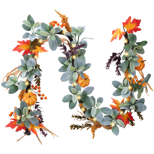 Valery Madelyn Fall Leaves Garlands for Mantle, 6ft Silk Lambs Ear Pumpkins Garland with Lights Maple Thanksgiving Table Centerpiece, Outdoor Fall Decorations for Autumn Halloween Home Fireplace Decor