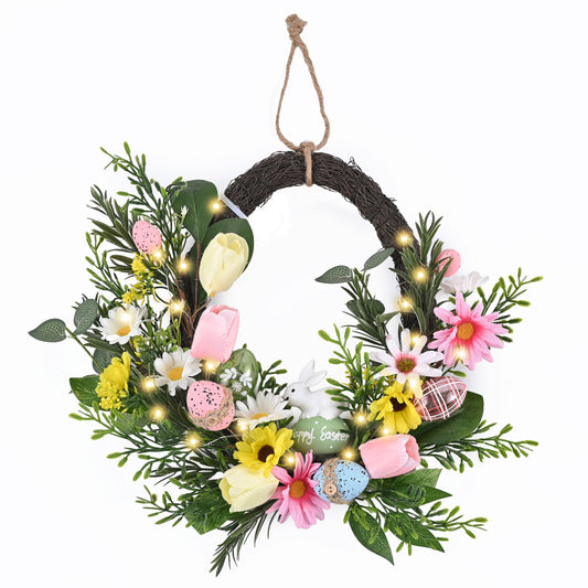 Valery Madelyn 16'' Lighted Easter Wreath for Front Door, Unique Egg Shaped Spring Wreath Decoration with Bunny, Pastel Eggs & Tulip Daisy Flower, Artificial Farmhouse Indoor Outdoor Wall Window Decor