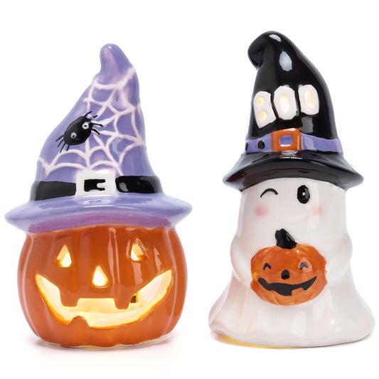 Valery Madelyn Cute Halloween Pumpkin Decorations with Lights, Set of 2 Ceramic Halloween Figurines White and Orange Statues with Witch Hat for Indoor Outdoor Home Table Party Decor, 4.1 Inch Tall