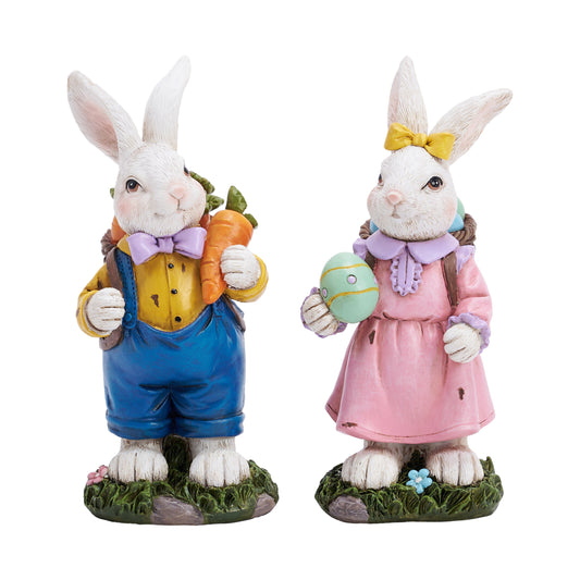 Valery Madelyn Easter Couple Bunny Decorations 2Pcs Resin Rabbit Figurines with Carrot & Egg, Cute Tabletop Centerpieces, Spring Holiday Home Decor, Indoor Party Accents & Easter Gifts, 5inch