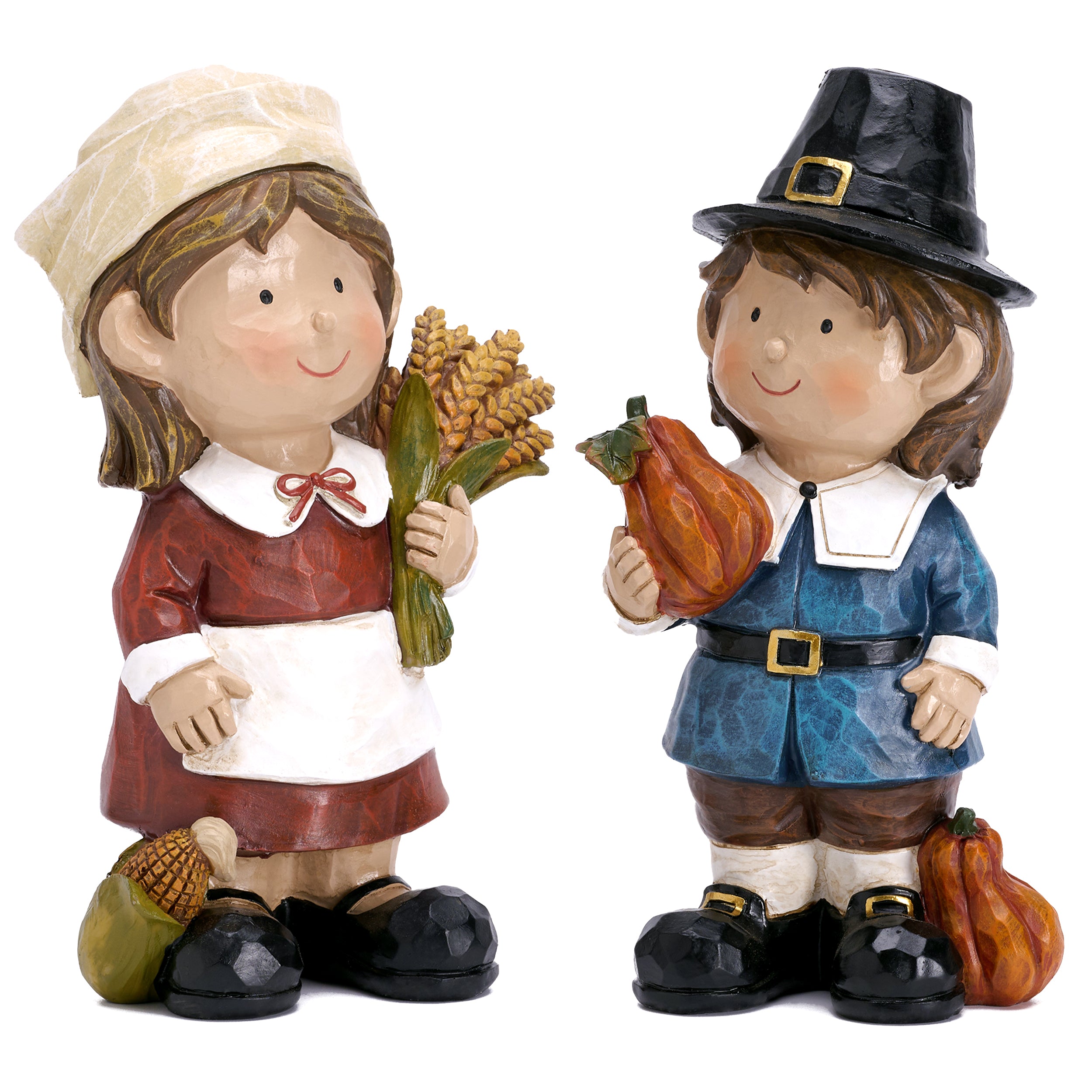 Valery Madelyn 2Pcs Fall Harvest Figurines, 4.8" Funny Boy & Girl Statues for Table Garden Thanksgiving Decor