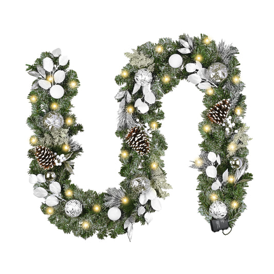 Valery Madelyn 9 Feet Pre-Lit Christmas Garland with Lights for Mantle, Lighted Outdoor Xmas Garland with Snowy White Ball Pinecones for Home Stairs Fireplace Table Centerpiece Indoor Holiday Decor