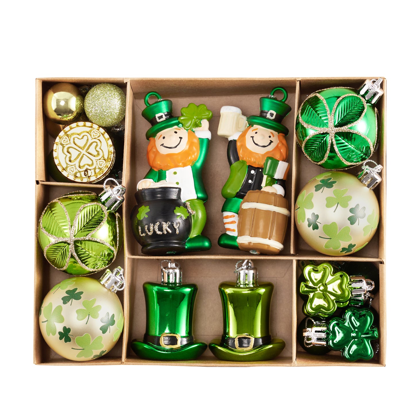 Valery Madelyn St Patricks Day Decorations Shamrock Tree Ornament Set, 35pcs Hanging Ball Ornament Irish Festival Decor, Good Luck Clover Green Gold Chirstmas Tree Decorations