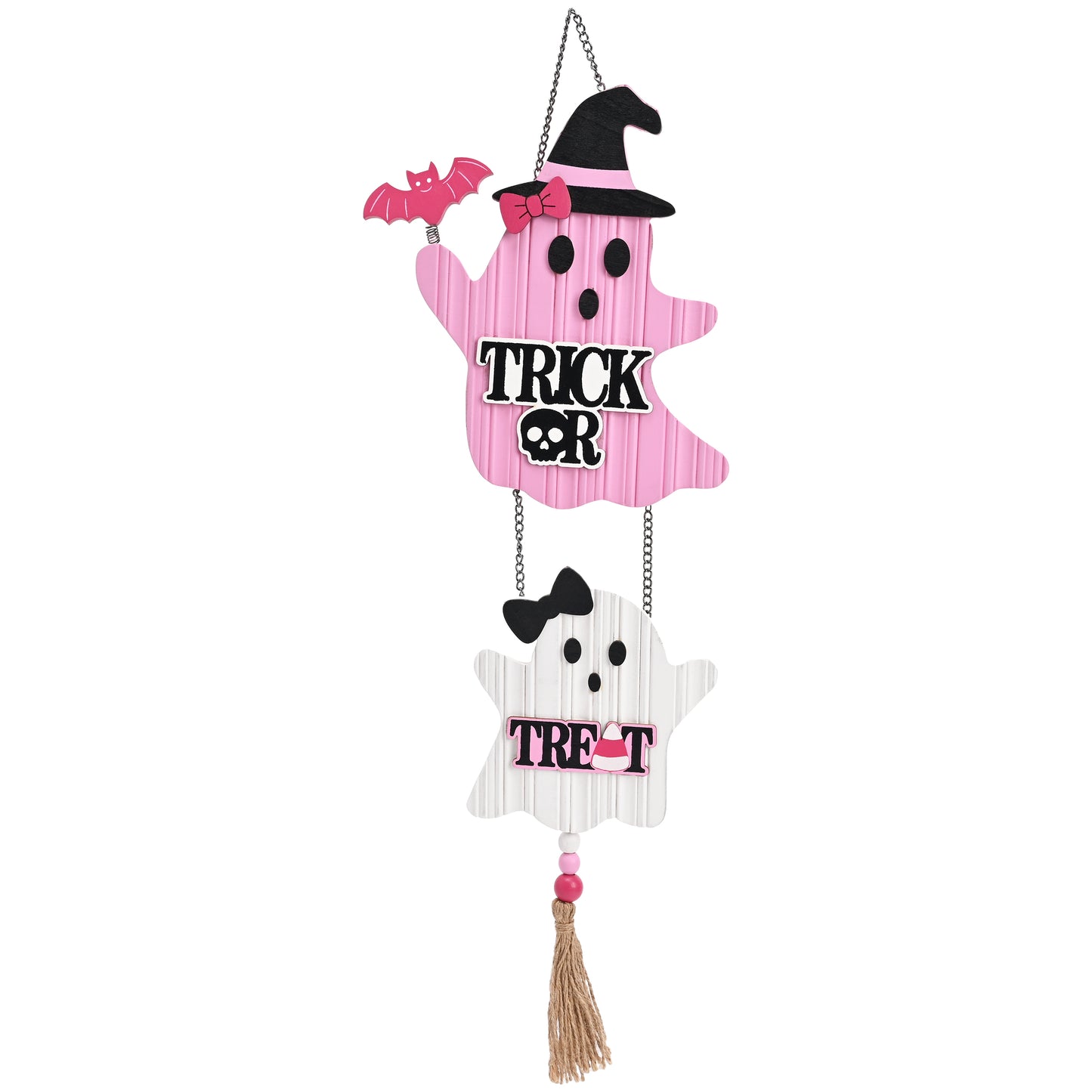 Valery Madelyn Pink Halloween Decorations, Cute Halloween Door Decorations, Ghost with Witch Hat Wooden Hanging Sign for Wall Window Door Handle, 16 inch