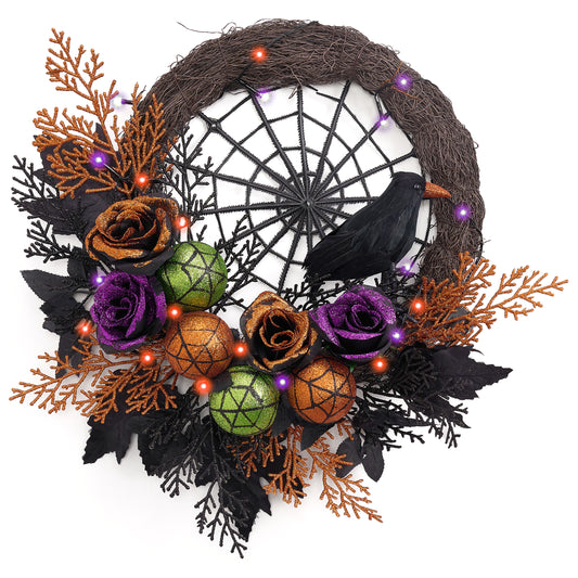 Valery Madelyn Halloween Wreath for Front Door with Lights, 18 Inch Pre-Lit Roses Crow Spider Webs Ball Ornaments Wreath Halloween Decorations for Home Table Centerpiece Window Indoor Party Wall Decor